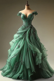 Retro Green Off Shoulder A-Line Beading Chiffon Long Prom Dress Evening Gown, HZ0319