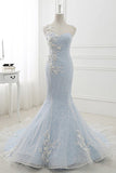 Baby Blue Sweep Train Lace Mermaid Evening Dresses, Formal Dress With Applique HZ0319