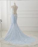 Baby Blue Sweep Train Lace Mermaid Evening Dresses, Formal Dress With Applique HZ0319