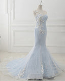 Baby Blue Sweep Train Lace Mermaid Evening Dresses, Formal Dress With Applique HZ0319