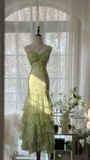 Elegant Green Fairy Mermaid Long Chiffon Spaghetti Strap Evening Dress Prom Dresses HZ0319