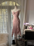 Retro Pink Sparkling Beaded Spaghetti Strap Romantic Chiffon Evening Dress Prom Dresses, HZ0319