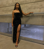 Sexy Black Strapless Sheath Sequins Long Evening Party Dresses, HZ0319