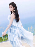 New Fashion Light Blue 3D Flower Spaghetti Strap Irregular Hem Design Summer Party Dress, HZ0319