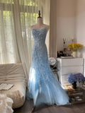 Retro Light Blue Applique Backless Design Romantic Chiffon Evening Dress Prom Dress HZ0319