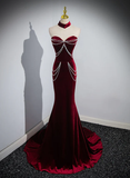 Wine Red Sweetheart Velvet Mermaid Long Formal Party Dress HZ0319