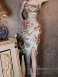 Light Blue Halter Neck Embroidery Sheath Retro Evening Party Dresses, HZ0319