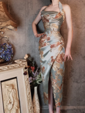 Light Blue Halter Neck Embroidery Sheath Retro Evening Party Dresses, HZ0319