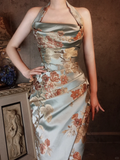 Light Blue Halter Neck Embroidery Sheath Retro Evening Party Dresses, HZ0319