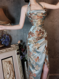 Light Blue Halter Neck Embroidery Sheath Retro Evening Party Dresses, HZ0319