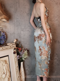 Light Blue Halter Neck Embroidery Sheath Retro Evening Party Dresses, HZ0319
