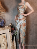 Light Blue Halter Neck Embroidery Sheath Retro Evening Party Dresses, HZ0319