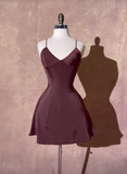 Grape Straps A-Line Satin Short Party Dresses Homecoming Dresses, HZ0319