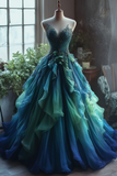Gradient Strapless A-Line Appliques Chiffon Long Prom Dress Evening Gown, HZ0319
