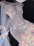 Gorgeous Sparkling Beaded Sequin Mermaid 3D Flowers Design Tulle Evening Dress Prom Dresses HZ0319