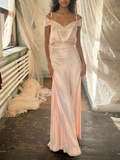 Light Pink Off Shoulder Straps A-Line Vintage Long Evening Party Dresses, HZ0319