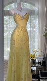 Light Yellow Straps Sheath Beaded Vintage Long Evening Party Dresses, HZ0319