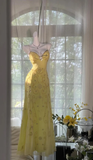 Light Yellow Straps Sheath Beaded Vintage Long Evening Party Dresses, HZ0319