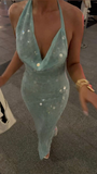 Light Blue Halter Neck Mermaid Sequins Long Evening Party Dresses, HZ0319