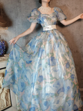 Retro Blue A-Line Printed Chiffon Long Evening Gowns Birthday Outfits, HZ0319