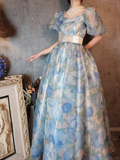 Retro Blue A-Line Printed Chiffon Long Evening Gowns Birthday Outfits, HZ0319