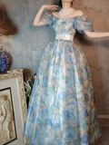 Retro Blue A-Line Printed Chiffon Long Evening Gowns Birthday Outfits, HZ0319