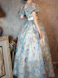Retro Blue A-Line Printed Chiffon Long Evening Gowns Birthday Outfits, HZ0319