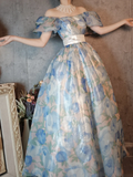 Retro Blue A-Line Printed Chiffon Long Evening Gowns Birthday Outfits, HZ0319