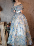 Retro Blue A-Line Printed Chiffon Long Evening Gowns Birthday Outfits, HZ0319