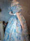 Retro Blue A-Line Printed Chiffon Long Evening Gowns Birthday Outfits, HZ0319