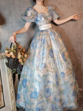 Retro Blue A-Line Printed Chiffon Long Evening Gowns Birthday Outfits, HZ0319