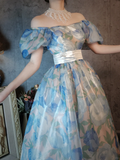 Retro Blue A-Line Printed Chiffon Long Evening Gowns Birthday Outfits, HZ0319