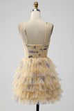 Vintage Yellow Floral Design A-line Spaghetti Strap Tiered Homecoming Dress, HZ0319