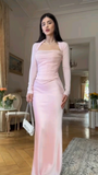 Pink Long Sleeves Mermaid Satin Long Formal Evening Party Dresses, HZ0319