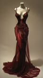Sexy Burgundy Spaghetti Straps Marmaid Long Evening Party Dresses, HZ0319