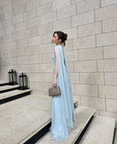 Light Blue Strapless A-Line Long Party Dresses Wedding Guest Dresses, HZ0319