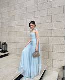 Light Blue Strapless A-Line Long Party Dresses Wedding Guest Dresses, HZ0319