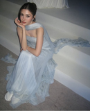 Light Blue Strapless A-Line Long Party Dresses Wedding Guest Dresses, HZ0319