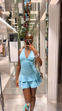 Blue Halter Neck Sheath Layers Short Party Dresses Homecoming Dresses, HZ0319