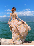 New Fashion Floral V-neck Design Elegant Beach Holiday A-line Sleeveless Halter Dress Summer Dress, HZ0319
