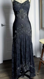Black Straps Mermaid Beading Lace Vintage Long Evening Party Dresses, HZ0319
