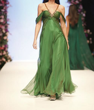 Green Off Shoulder A-Line Chiffon Long Party Dresses Evening Dresses, HZ0319