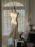 Elegant Sleeveless Ivory Mermaid Chiffon Ankle Length Vintage Party Dress, HZ0319