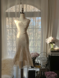 Elegant Sleeveless Ivory Mermaid Chiffon Ankle Length Vintage Party Dress, HZ0319