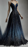 Dark Navy Spaghetti Straps A-Line Long Prom Dress Evening Gown, HZ0319