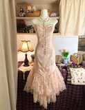 Pink Strapless Mermaid Lace Vintage Long Evening Party Dresses, HZ0319
