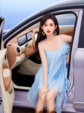 New Fashion Light Blue 3D Flower Spaghetti Strap Irregular Hem Design Summer Party Dress, HZ0319