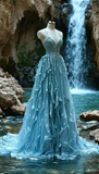 Light Blue Spaghetti Straps A-Line Ruffles Long Prom Dress Evening Gown, HZ0319