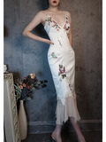 Retro Ivory Spaghetti Straps Sheath Midi Party Dresses Cocktail Dresses, HZ0319