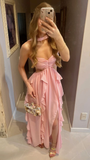 Sexy Pink A-Line Backless Ruffles Long Party Dress Wedding Guest Dress, HZ0319